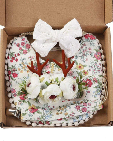 Chic Floral Baby Care Set: Bib, Headband, and Silicone Pacifier Clip in Festive Gift Box