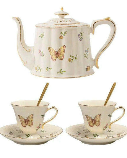 Charming Vintage Butterfly Tea and Coffee Set - Exquisite Porcelain and Bone China, Luxurious 800ml Pot with Matching Saucer