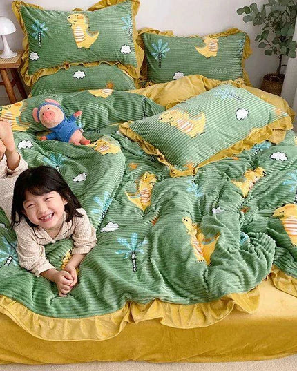 Opulent Velvet Striped Fleece Bedding Ensemble - 3 or 4 Piece Set with Ruffled Duvet Cover and Flannel Sheets