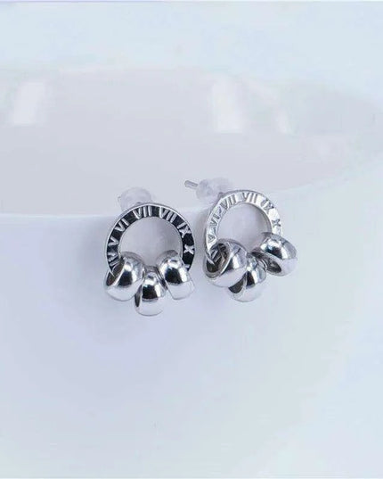 Chic Rose Gold Stainless Steel Stud Earrings with Roman Numeral Design - A Timeless Gift for Her