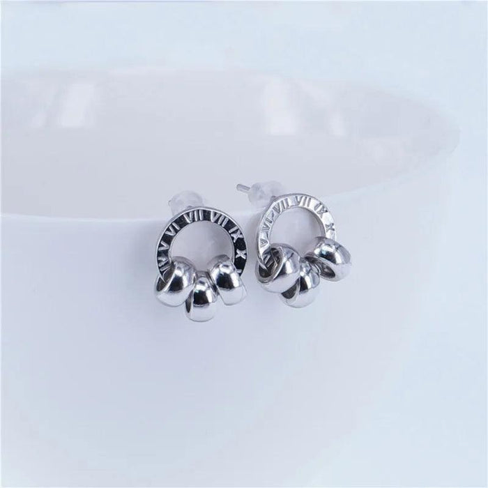 Chic Rose Gold Stainless Steel Stud Earrings with Roman Numeral Design - A Timeless Gift for Her