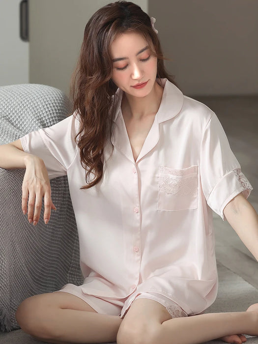Sophisticated Lace-Adorned Satin Sleepwear Set for Women