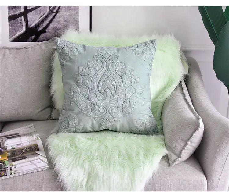 Embroidered Green Floral Cotton Cushion Cover - 50x50cm Decorative Throw for Sofa and Armchair