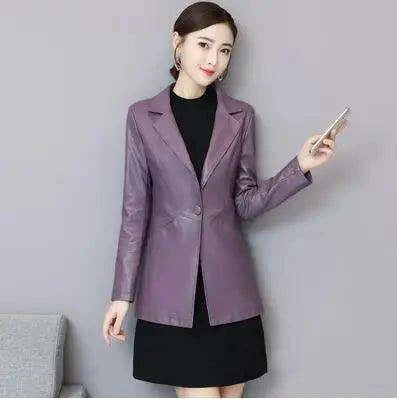 Sophisticated Korean Sheepskin Leather Blazer for Women - Trendy Mid-Length Fashion Coat