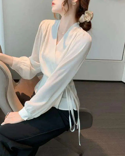 Korean-Style Women's Long Sleeve V-Neck Lace-Up Blouse