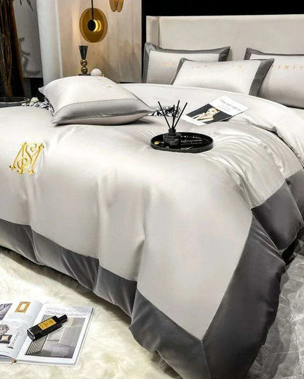 Elegant Gray 60S Egyptian Cotton Luxury Bedding Set with Intricate Embroidery - Duvet Cover, Sheet & Pillowcases