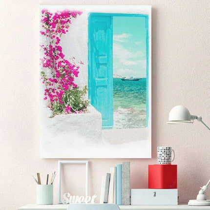 Serene Santorini Blue Coastal Watercolor Canvas Artwork - Elevate Your Space with Timeless Elegance