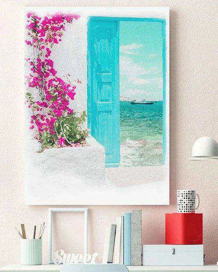 Serene Santorini Blue Coastal Watercolor Canvas Artwork - Elevate Your Space with Timeless Elegance