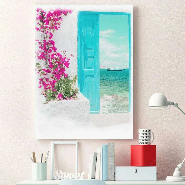 Serene Santorini Blue Coastal Watercolor Canvas Artwork - Elevate Your Space with Timeless Elegance