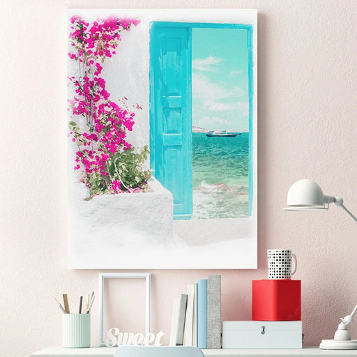 Tranquil Santorini Blue Seaside Watercolor Canvas - Coastal Serenity for Your Living Space