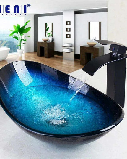 Luxurious Hand-Painted Glass Waterfall Basin Faucet Set in Stunning Blue