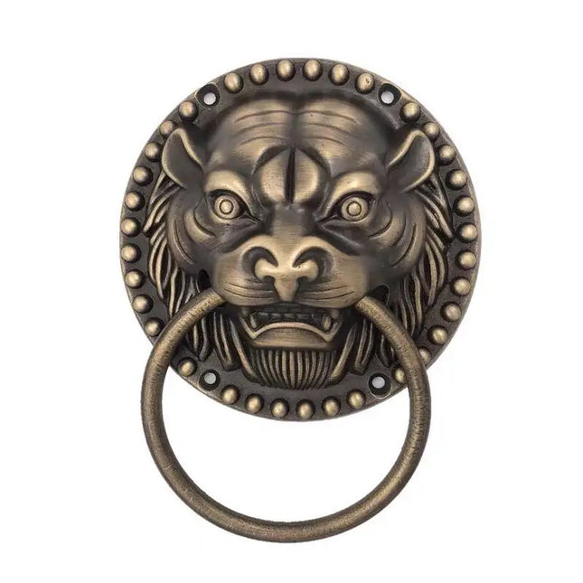 Antique Brass Tiger & Lion Head Door Knocker — Vintage Ring Pull for Villa & Wooden Doors