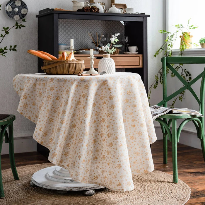 Elegant Floral Print Cotton Linen Table Cover with Tassel Trim - Round Protector