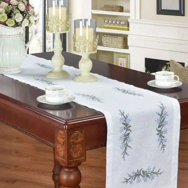 Elegant Blue Harebell Floral Embroidered Table Runner - Luxurious Cotton Home Accent