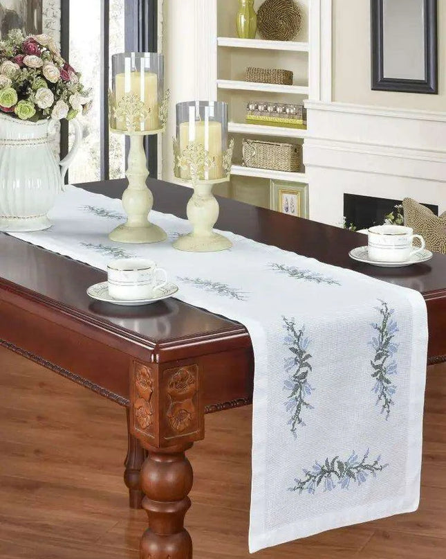 Elegant Blue Harebell Floral Embroidered Table Runner - Luxurious Cotton Home Accent