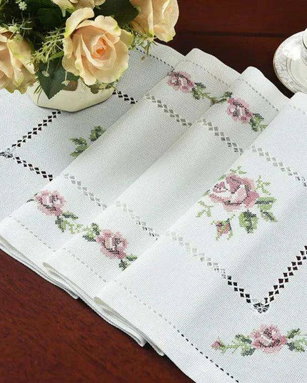 Romantic Rose Cross-Stitch Linen Table Runner & Cloth Set - White/Champagne