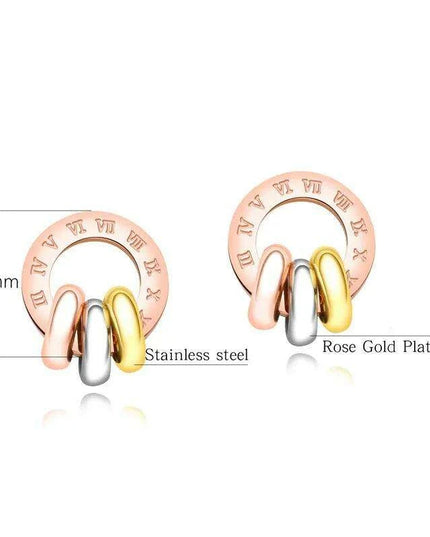 Chic Rose Gold Stainless Steel Stud Earrings with Roman Numeral Design - A Timeless Gift for Her