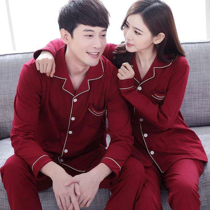 Cozy Autumn Couples Cotton Pajama Set - Stylish Long-sleeve Sleepwear for Him and Her