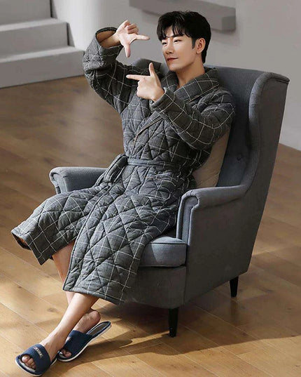 Men's Elegant Plaid Kimono Robe - Superior Cotton Lounge Wear for Chilly Seasons