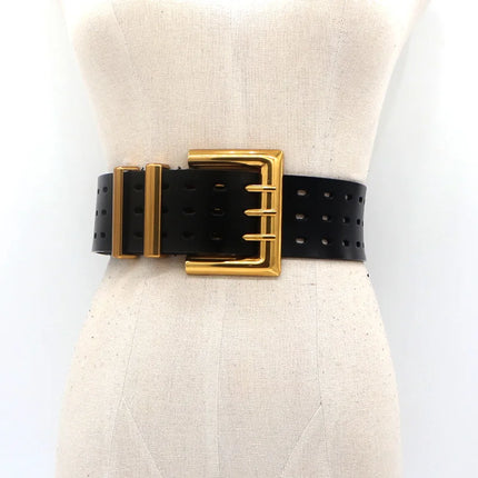 Two-Layer Cowhide Wide Belt with Bronze Buckle — 5.8cm Women’s Leather