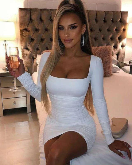 Sophisticated Autumn Pleated Bodycon Dress with Long Sleeves and Square Neck for Women by Josiaoprah