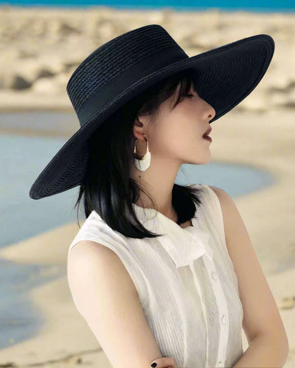 Elegant Black Wide Brim Flat Top Straw Hat for Women - Summer Sunshade Vacation Beach Accessory with French Retro Style