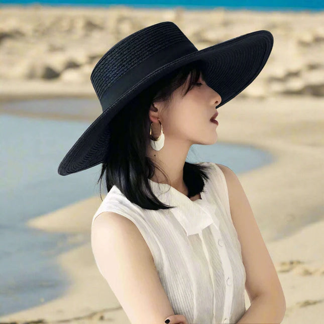 Elegant Black Wide Brim Flat Top Straw Hat for Women - Summer Sunshade Vacation Beach Accessory with French Retro Style