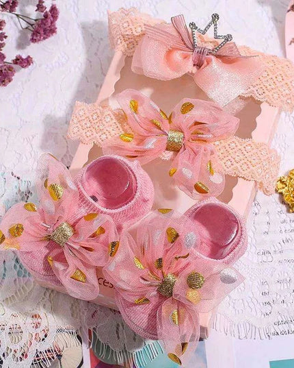 Adorable Polka Dot Bowknot Headband and Lace Flower Socks Ensemble for Stylish Little Ones