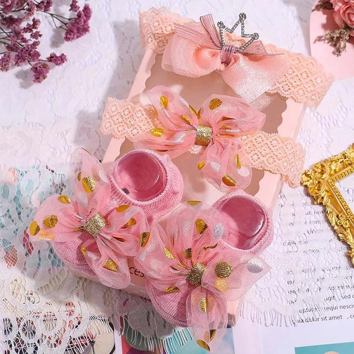 Adorable Polka Dot Bowknot Headband and Lace Flower Socks Ensemble for Stylish Little Ones