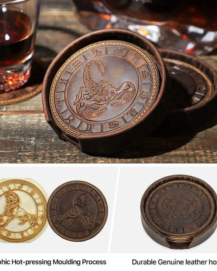 Astrological Elegance Leather Drink Coasters - Set of 6 with Distinct Zodiac Patterns