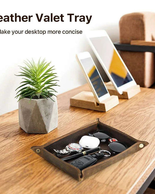 Elegant Cowhide Leather Organizer Tray for Keys, Wallets, and Coins: A Stylish Storage Solution