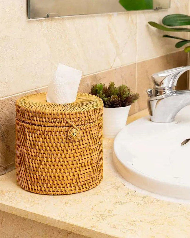 Chic Rattan Tissue and Toilet Paper Storage Box with Lid for Home and Office Use