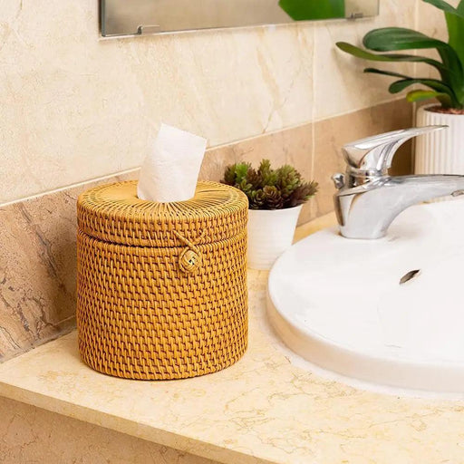 Chic Rattan Tissue and Toilet Paper Storage Box with Lid for Home and Office Use