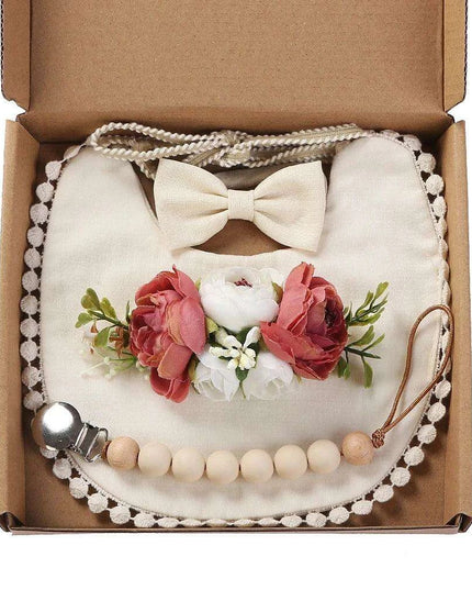 Chic Floral Baby Care Set: Bib, Headband, and Silicone Pacifier Clip in Festive Gift Box