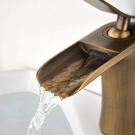 Antique Brass Waterfall Basin Faucet | Single Handle, Sleek De