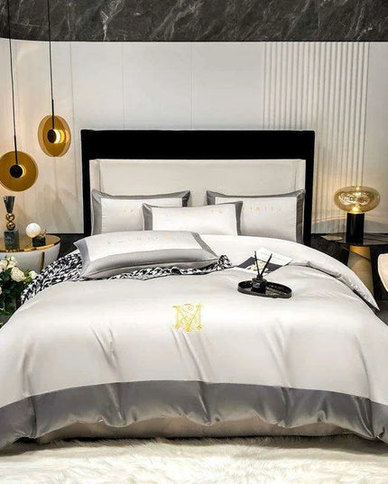 Elegant Gray 60S Egyptian Cotton Luxury Bedding Set with Intricate Embroidery - Duvet Cover, Sheet & Pillowcases