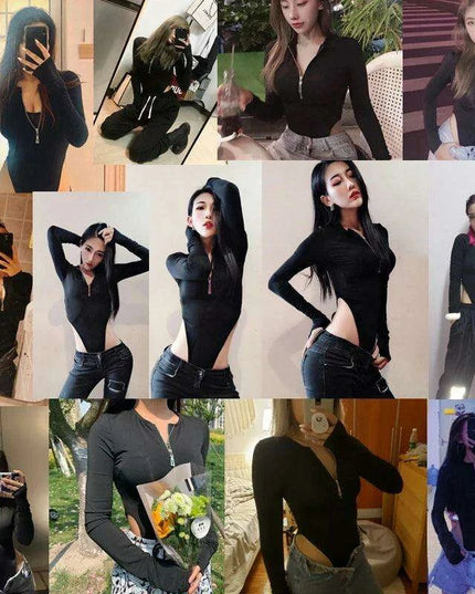 Fall & Winter Women's Fashion Bodysuit - Solid Zipper Long Sleeve Slim Fit Sexy
