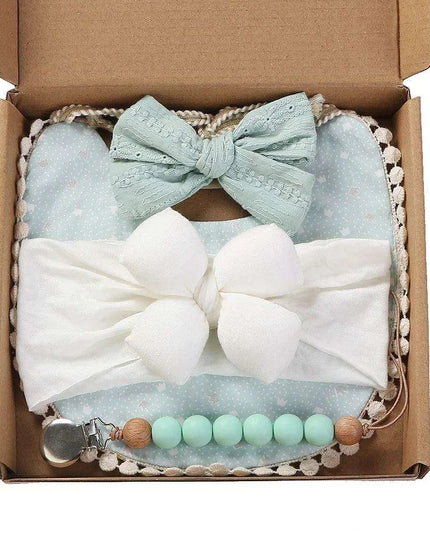 Chic Floral Baby Care Set: Bib, Headband, and Silicone Pacifier Clip in Festive Gift Box