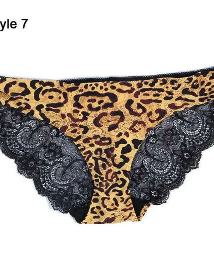 Women’s Leopard Print Lace Trim Seamless Cotton Panties - Breathable Ice Silk Lingerie