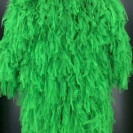 Emerald Diva Rhinestone Showstopper Set: Green Long Coat & Bodycon Jumpsuit for Female Performers