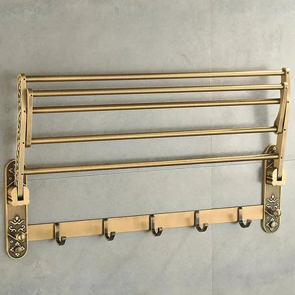 Foldable Antique Brass Towel Rack | Double Shelf with Hooks