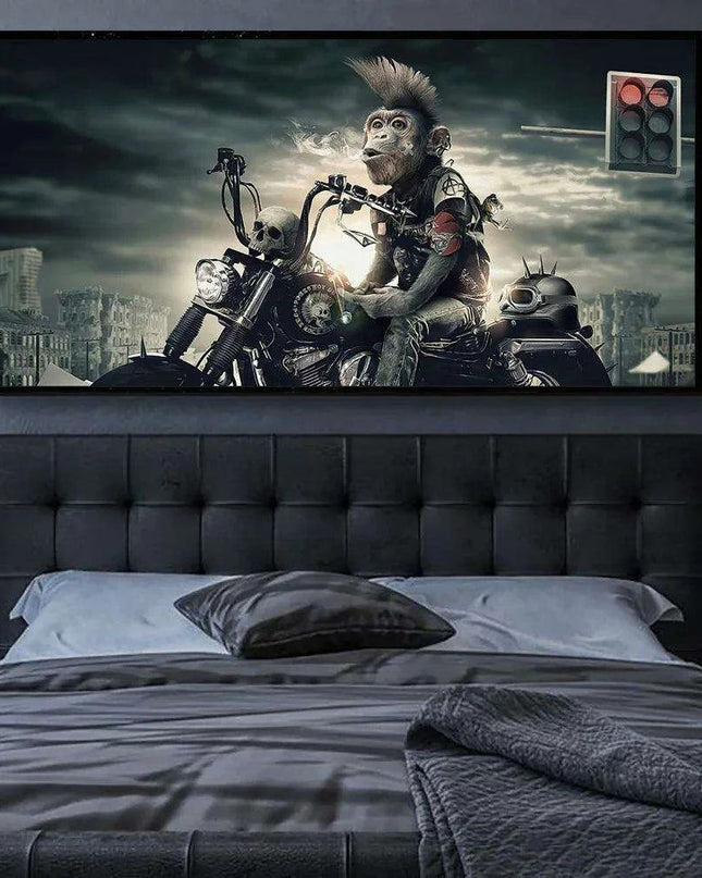 Whimsical Monkey on a Motorcycle Canvas Art - Bold and Playful Wall Decor for Unique Spaces