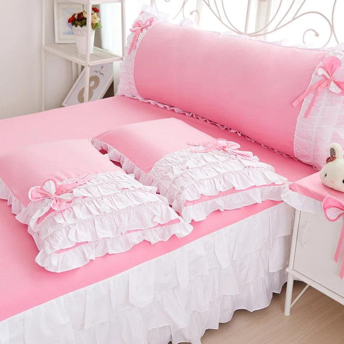 Elegant Korean Princess Pink Lace Bow Cotton Bedding Ensemble for a Stylish Sanctuary