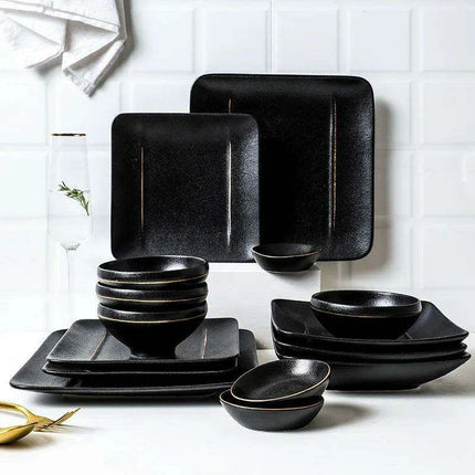 Elegant Matte Black and Gold Ceramic Dinnerware Collection - Essential Set for Upscale Dining Experiences