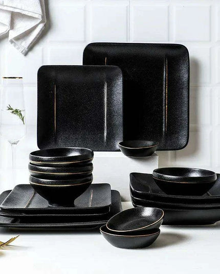 Elegant Matte Black and Gold Ceramic Dinnerware Collection - Essential Set for Upscale Dining Experiences