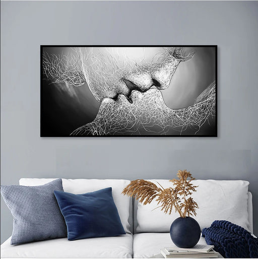 Elegant Black Love Kiss Abstract Canvas Art - Sophisticated Wall Decor Piece