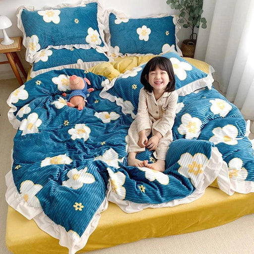 Opulent Velvet Striped Fleece Bedding Ensemble - 3 or 4 Piece Set with Ruffled Duvet Cover and Flannel Sheets