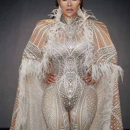 Dazzling Feathered Performance Outfit: Custom 3D Printed Jumpsuit with Stretch Bodysuit