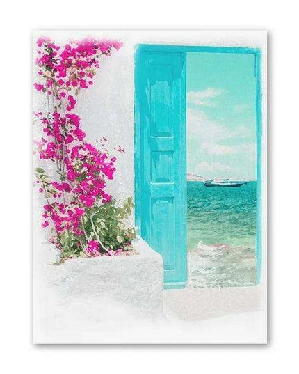 Serene Santorini Blue Coastal Watercolor Canvas Artwork - Elevate Your Space with Timeless Elegance