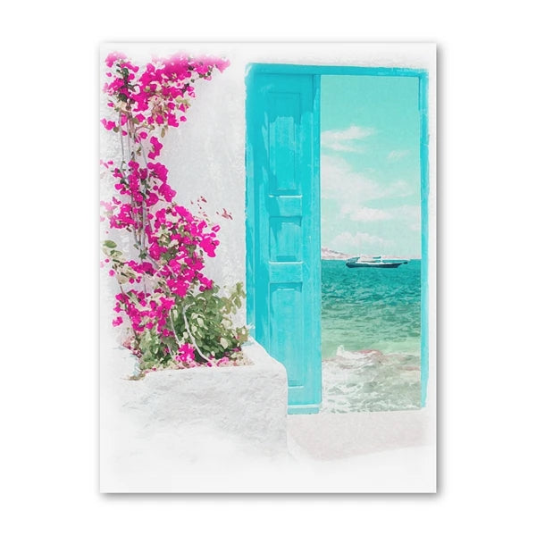 Tranquil Santorini Blue Gate Watercolor Canvas Art - Coastal Elegance for Your Home
